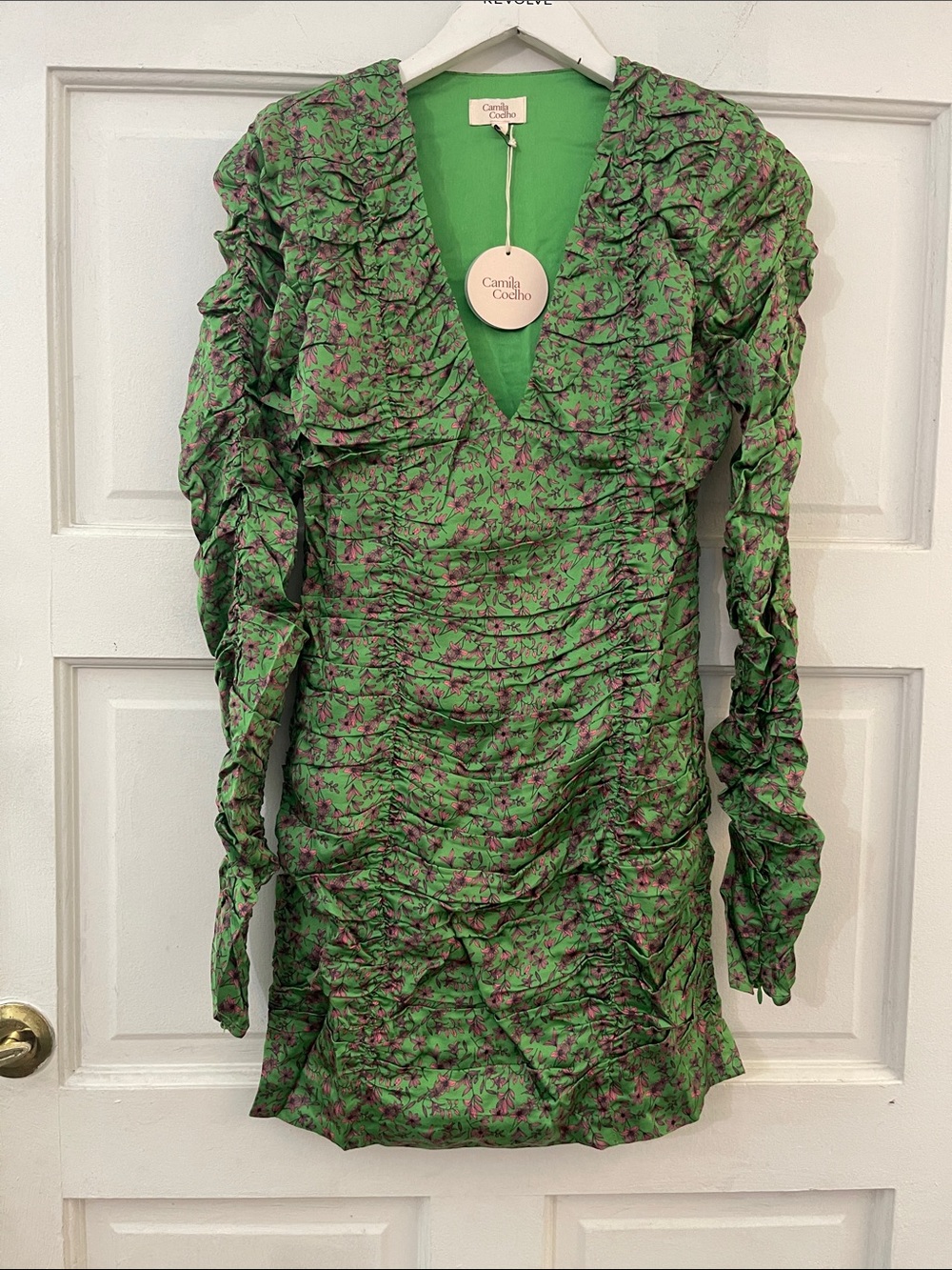 Camila Coelho Green Floral Ruffle Ruched Mini Dress with Pink Accents Solana Min